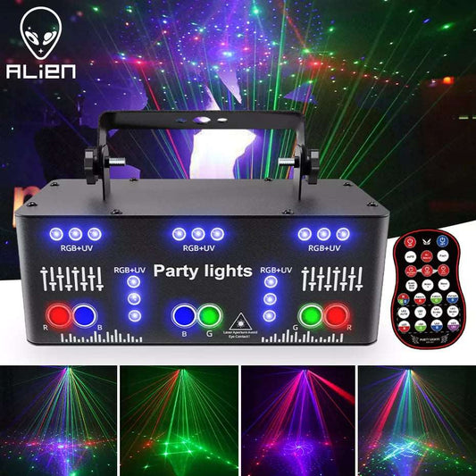 ALIEN 21 Hole RGB Party DJ Disco Beam Patterns Stage Laser Light Projector RGB UV LED Strobe Sound Party Holiday Wedding Lamp - nleight 